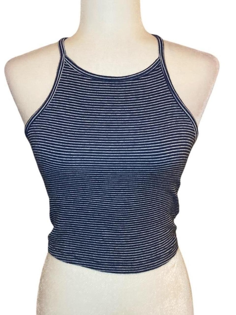 Brandy Melville Navy and White Striped High-Neck Cropped Tank